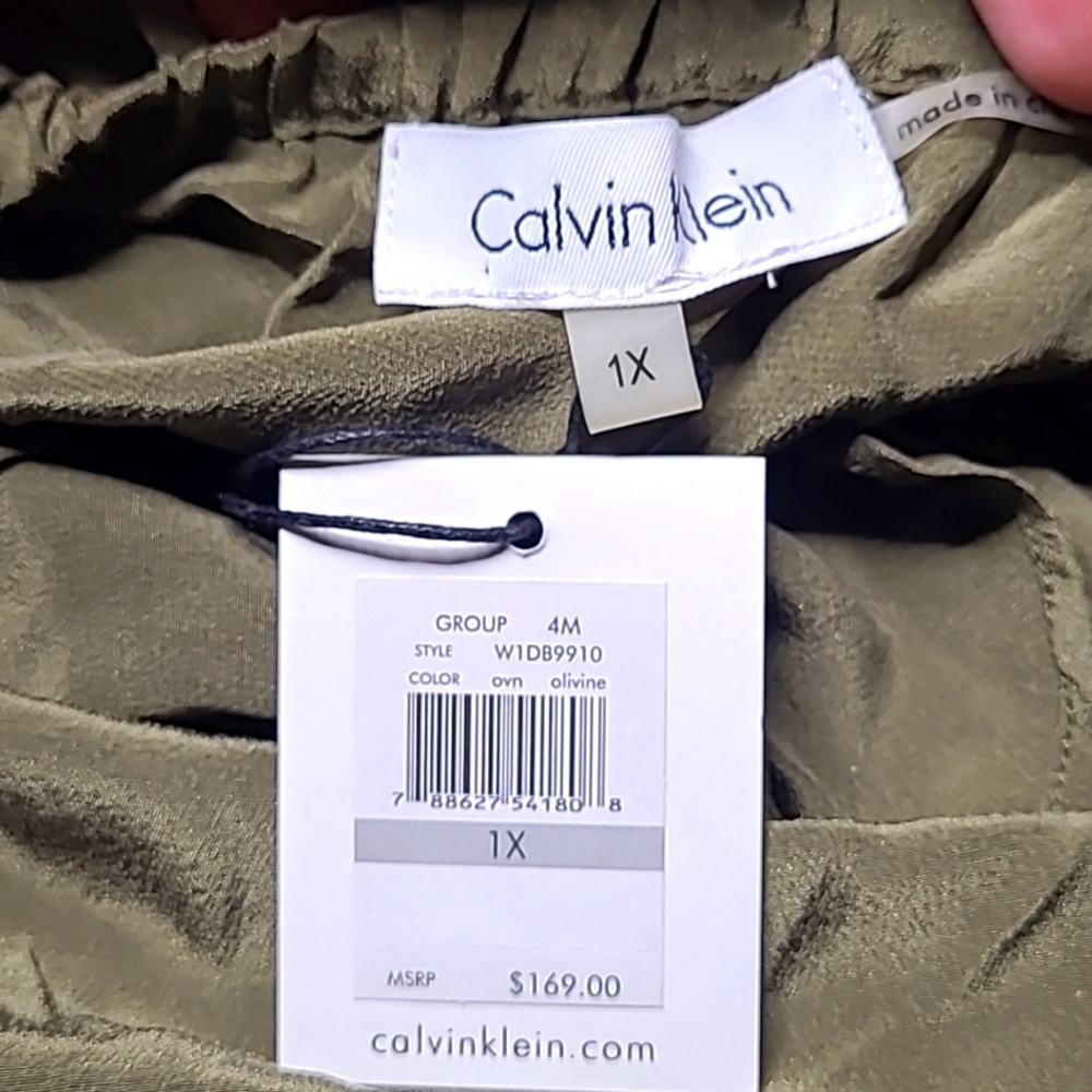 Calvin Klein Olive Green Silk Ruffle Front Dress, NWT - Picture 4 of 6